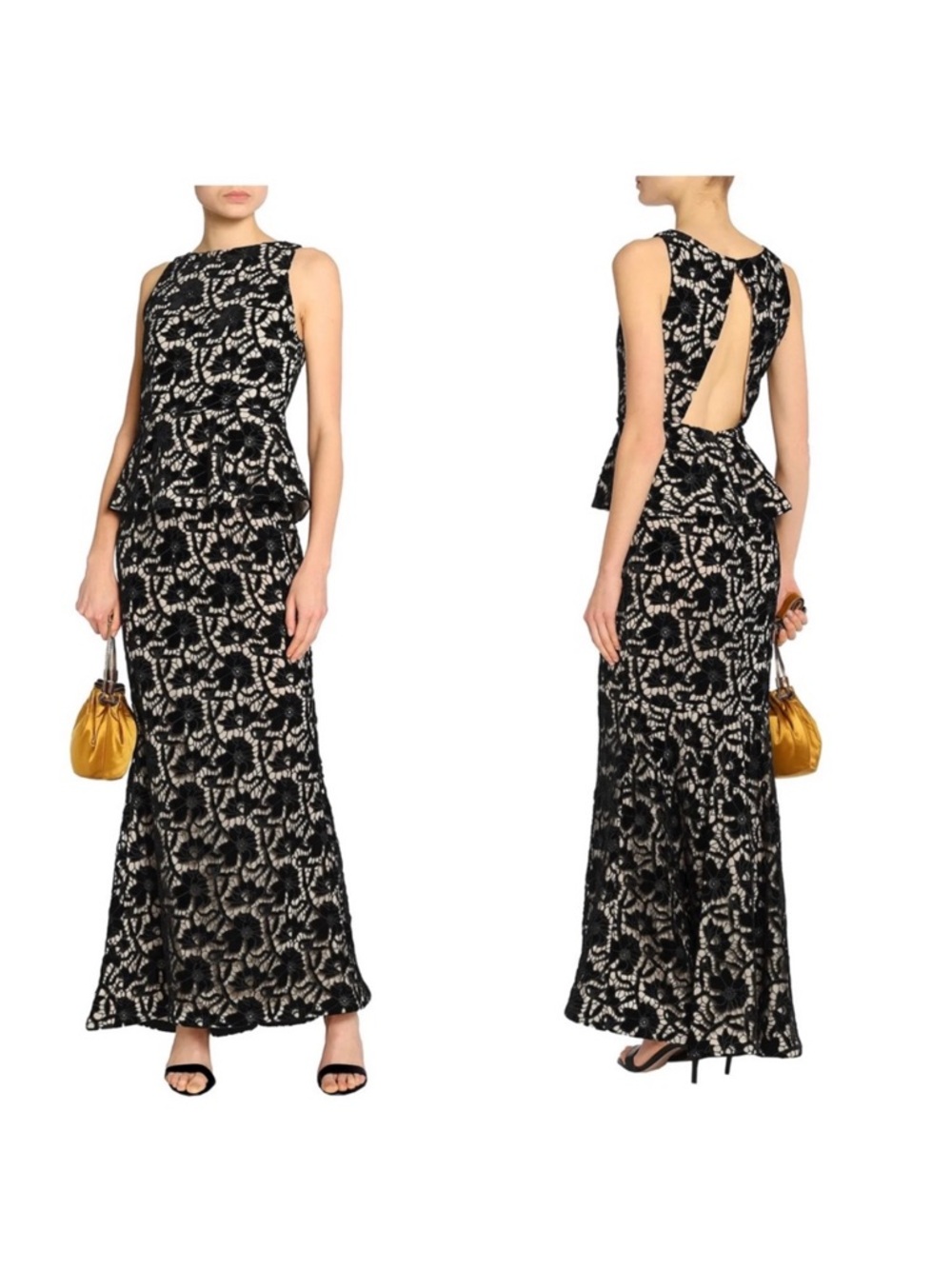 Alice Olivia Dress Jae Velvet Macramé Lace Peplum Gown Mermaid Evening Party